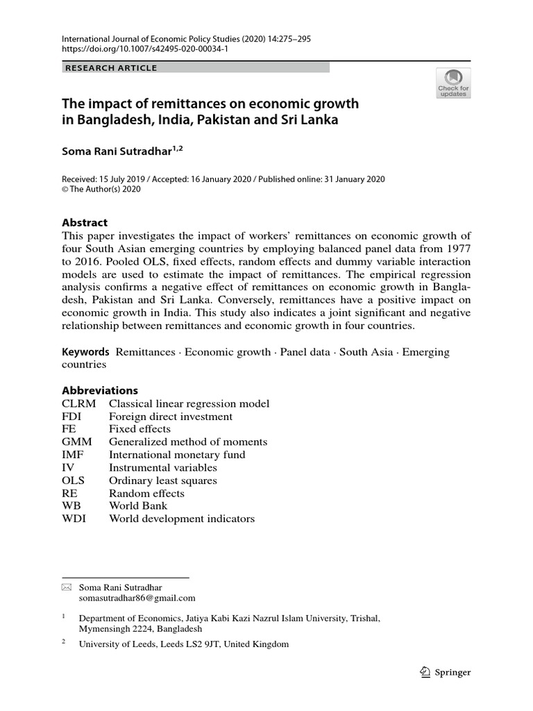The Impact of Remittances On Economic Growth in Bangladesh, India ...