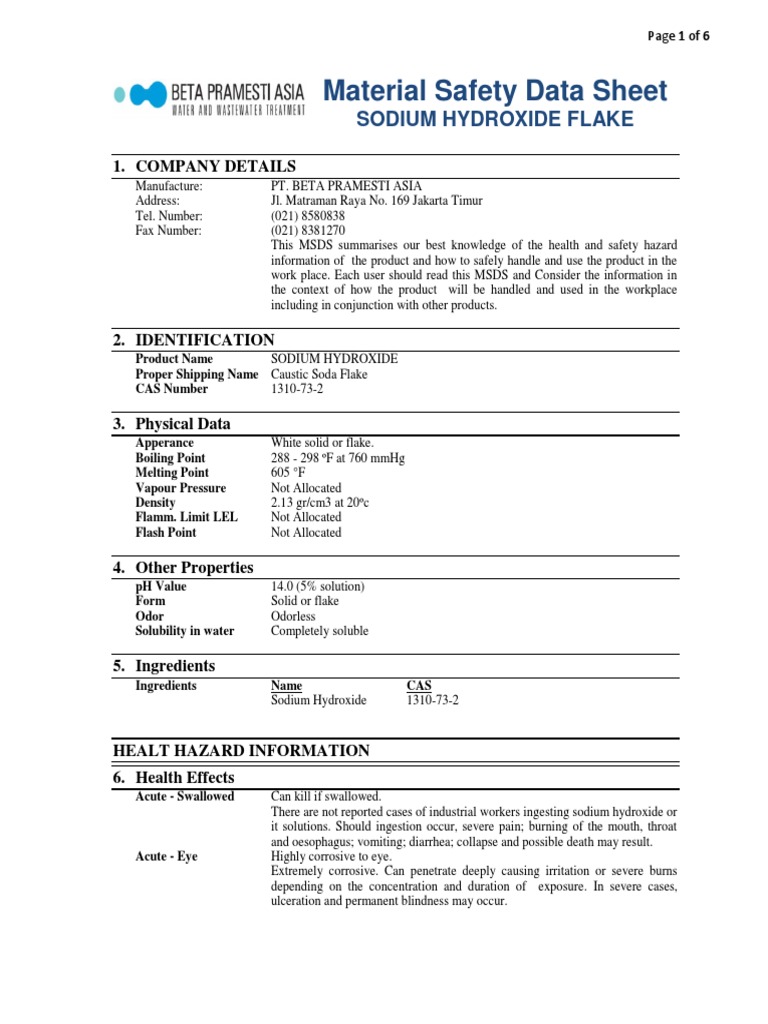 Sodium Hydroxide Flake MSDS Summary | PDF | Safety | Materials