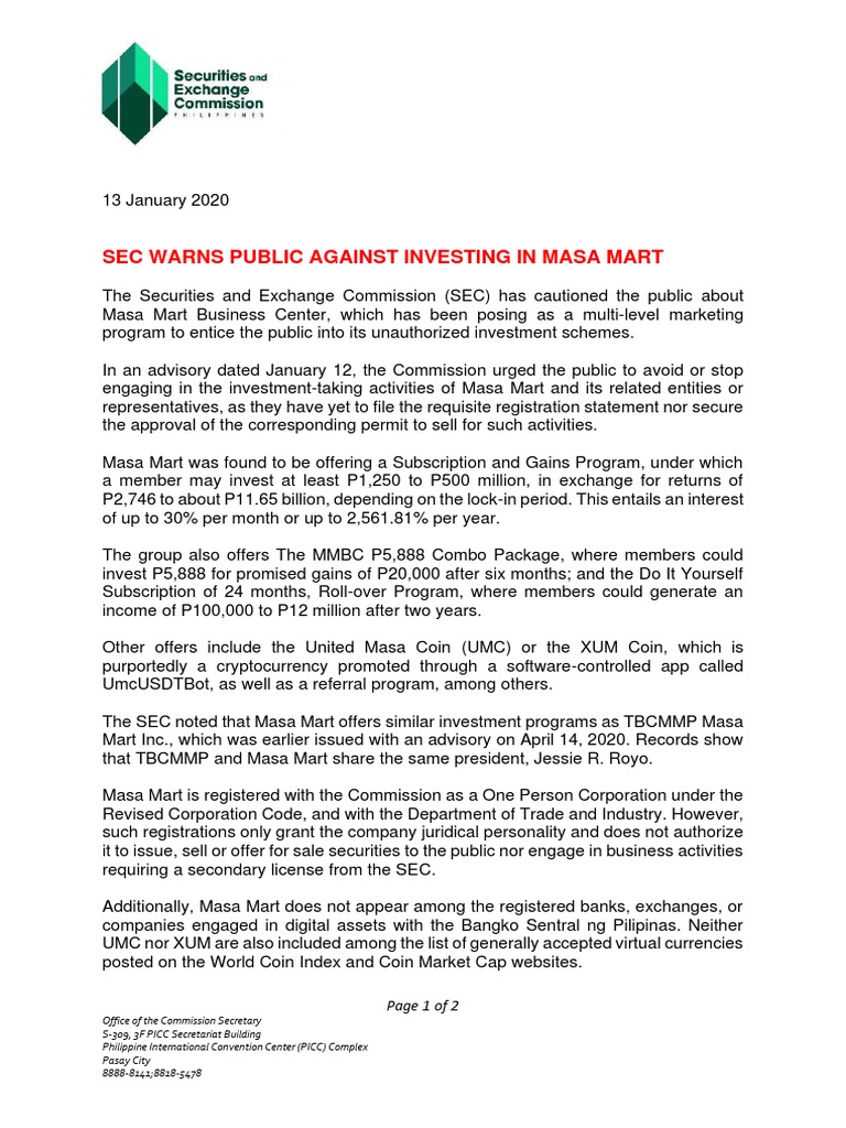 2021pressrelease Sec Warns Public Against Investing in Masa Mart 01132020 |  PDF | U.S. Securities And Exchange Commission | Securities (Finance)