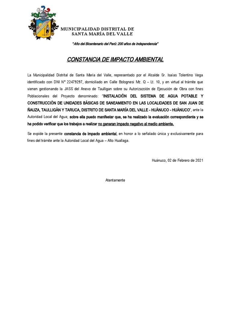 Constancia Impacto Ambiental - Taulligan | PDF