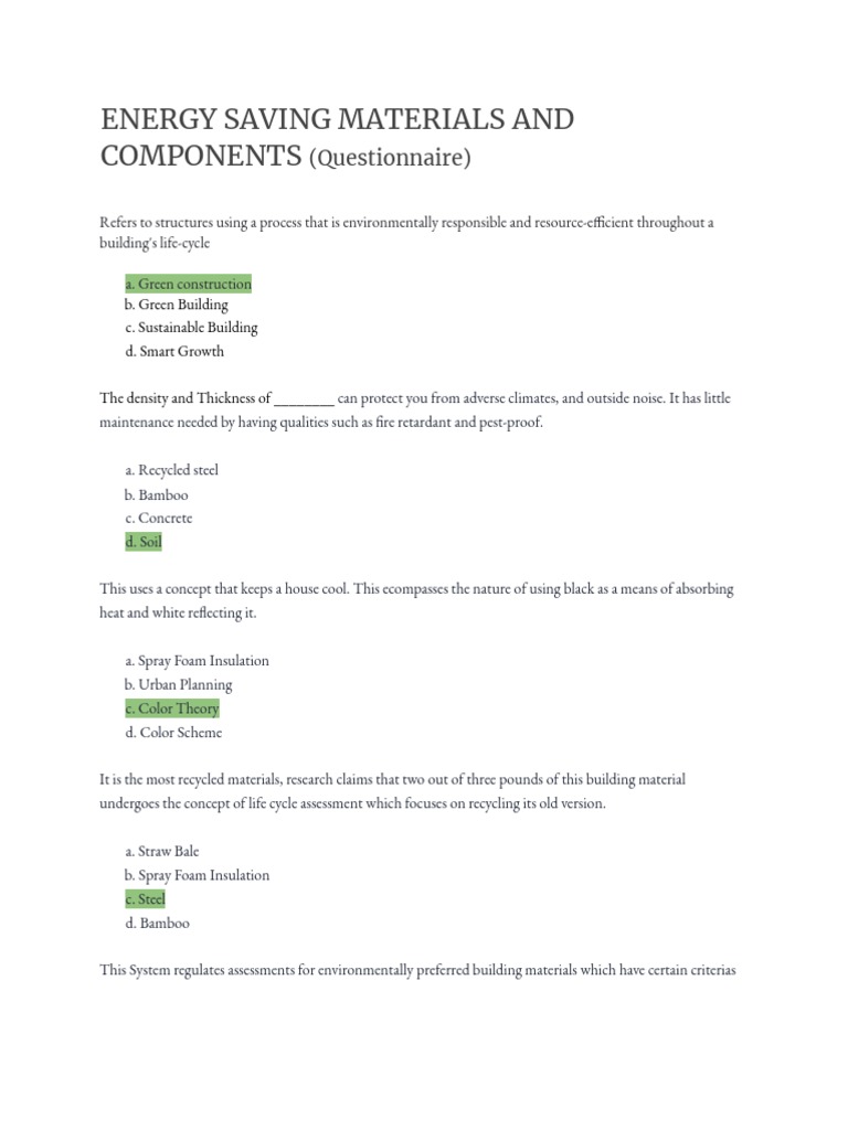 Energy Saving Materials and Components: (Questionnaire) | PDF | Green ...