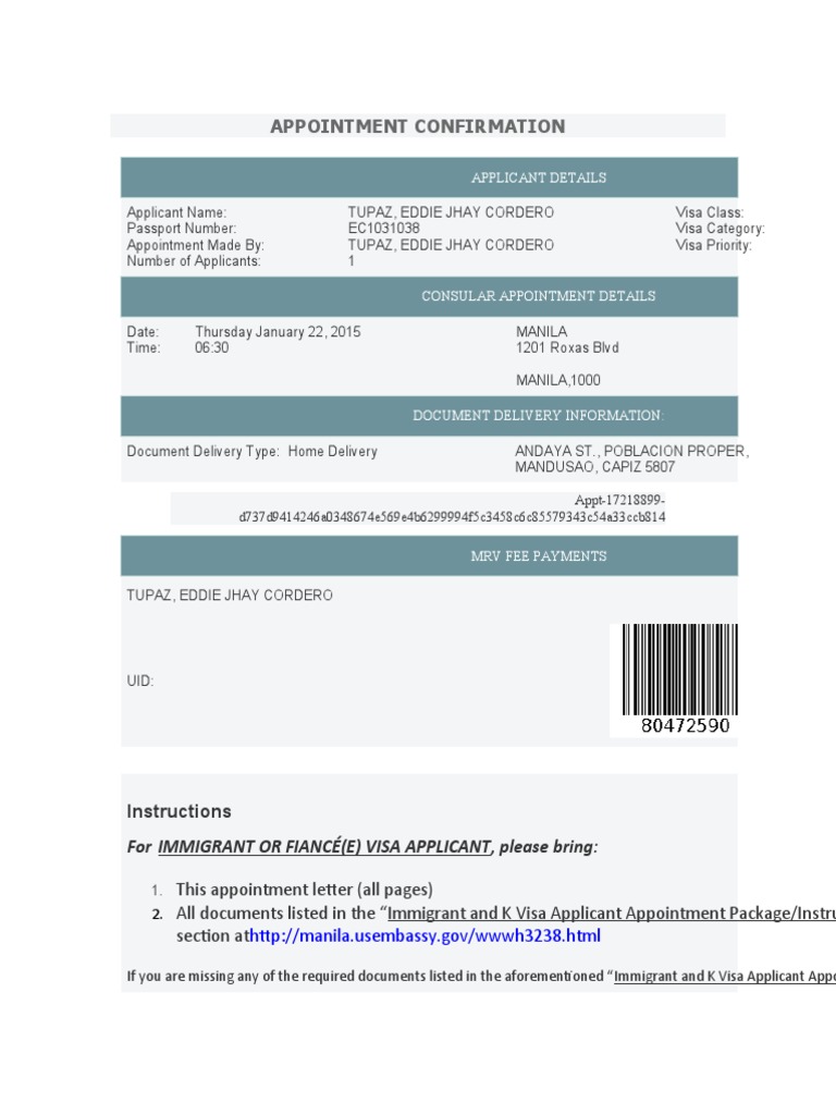 Appointment Confirmation: Instructions | PDF | Travel Visa | Immigration