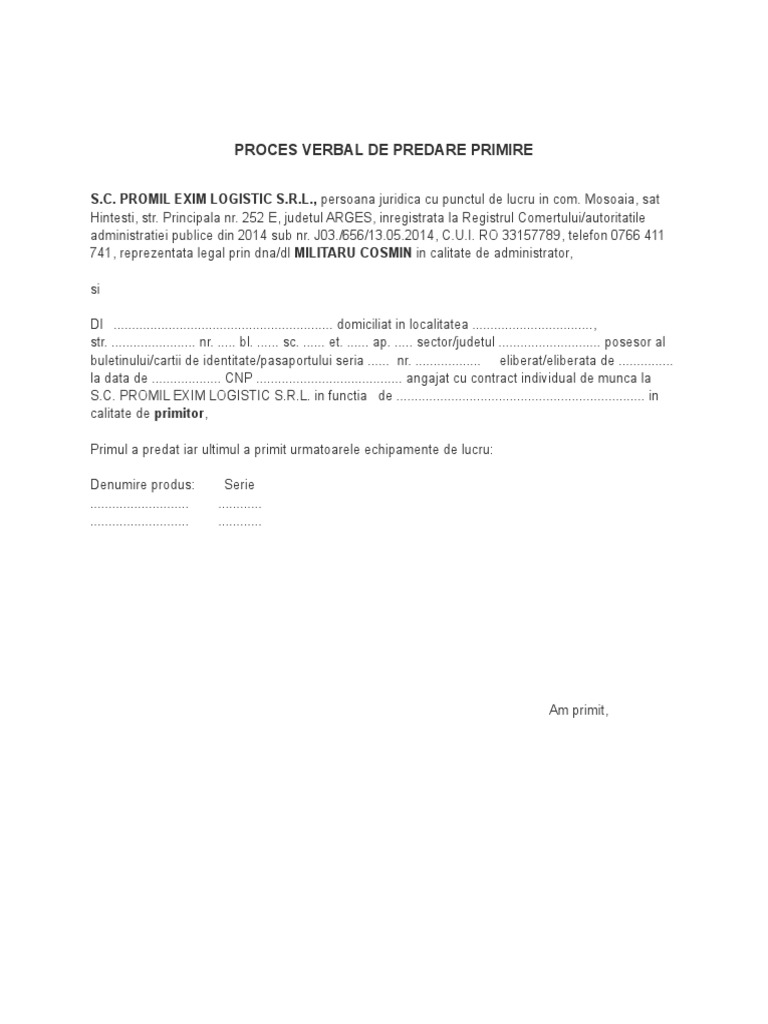 P.V. Predare Primire | PDF