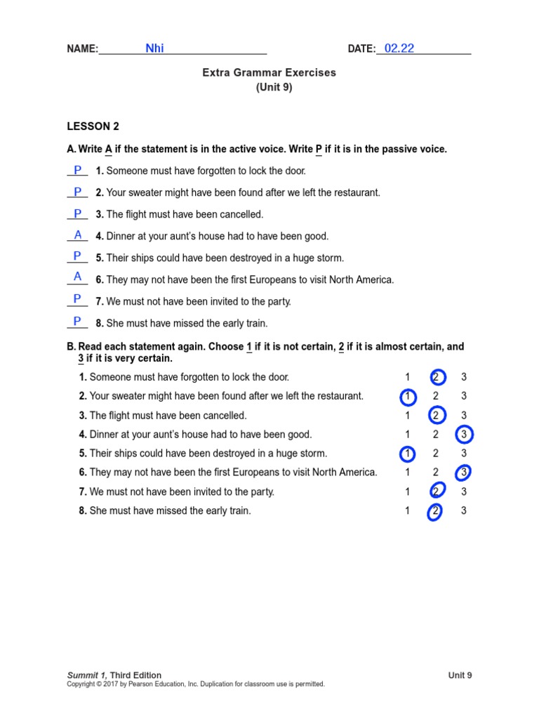 Lesson 2: Extra Grammar Exercises (Unit 9) | PDF | Language Mechanics ...