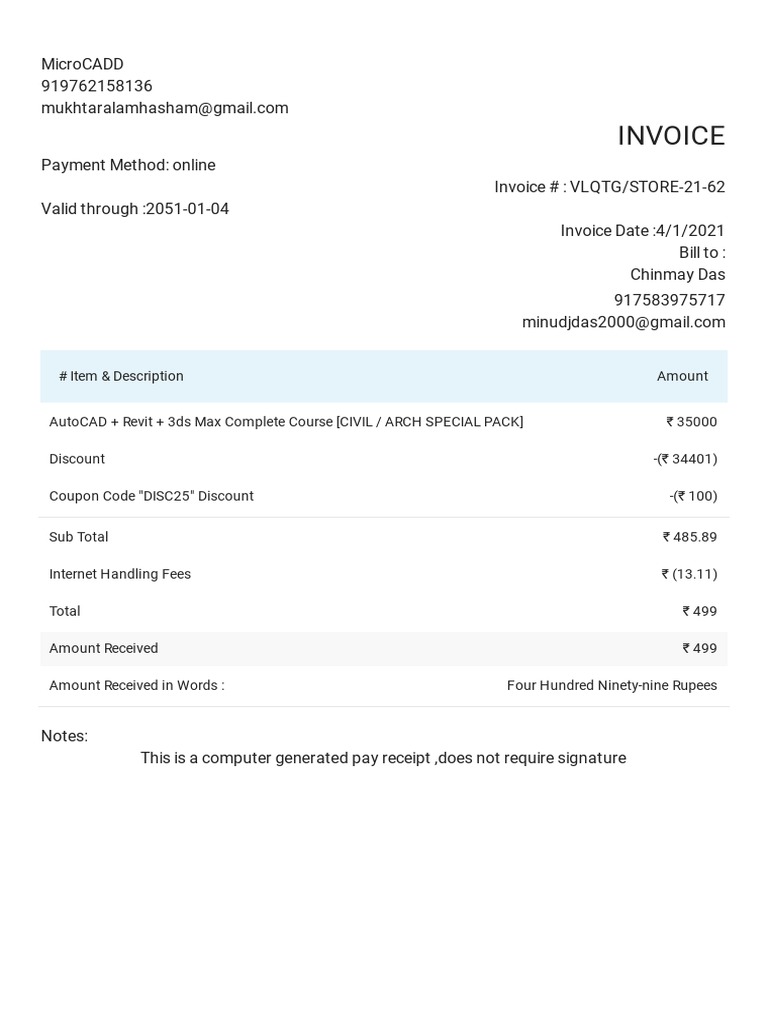 Complete Course Invoice: AutoCAD & Revit | PDF