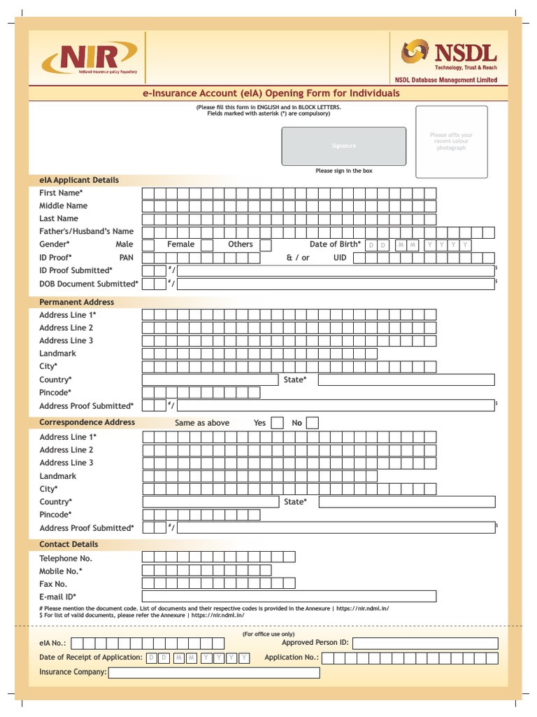 EInsurance Account (eIA) Opening Form For Individuals PDF Identity
