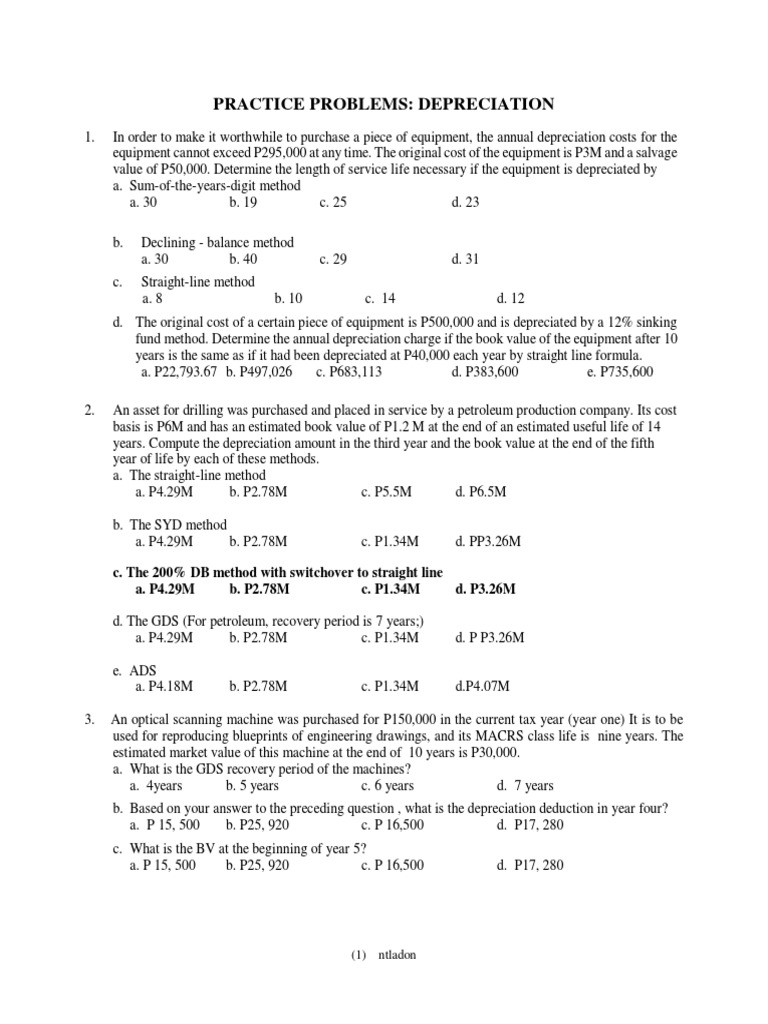 DEPRECIATION Practice Problems Q PDF Depreciation Book Value