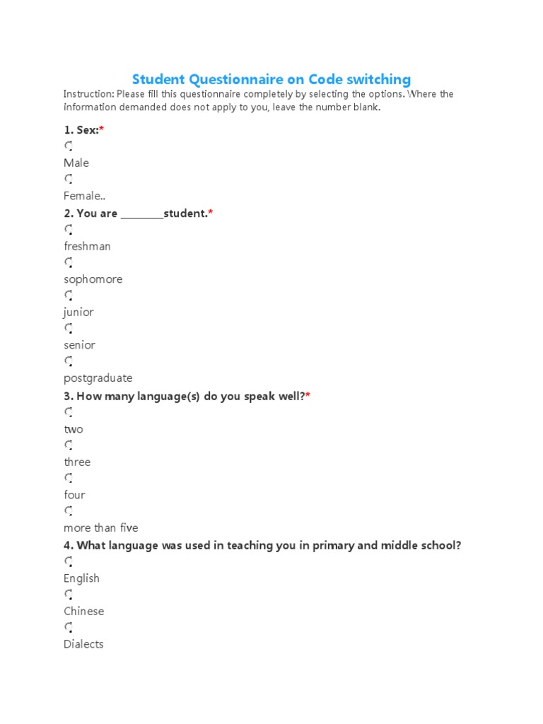 Code Switching Student Questionnaire | PDF | Psychological Concepts ...