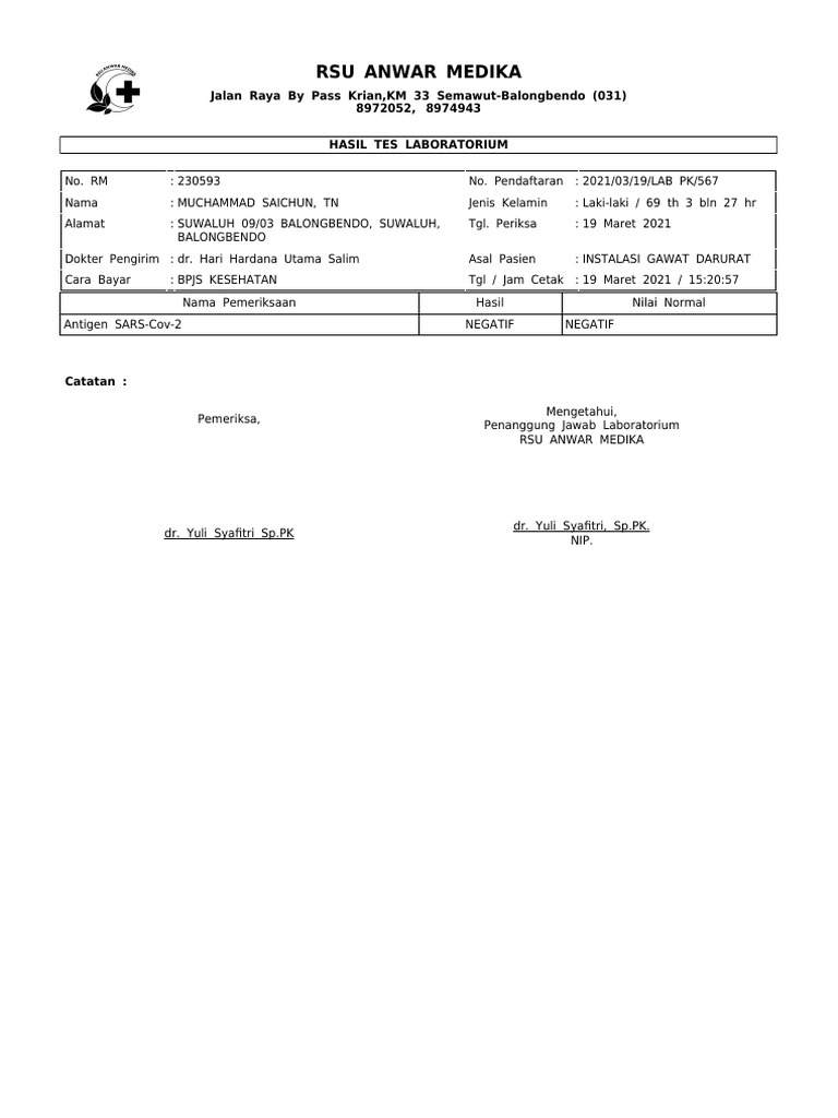 Hasil Tes Lab Muchammad Saichun | PDF