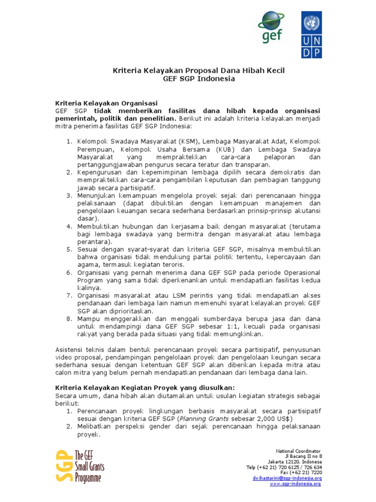 Kriteria Kelayakan Proposal Dana Hibah Kecil Gef Sgp Pdf