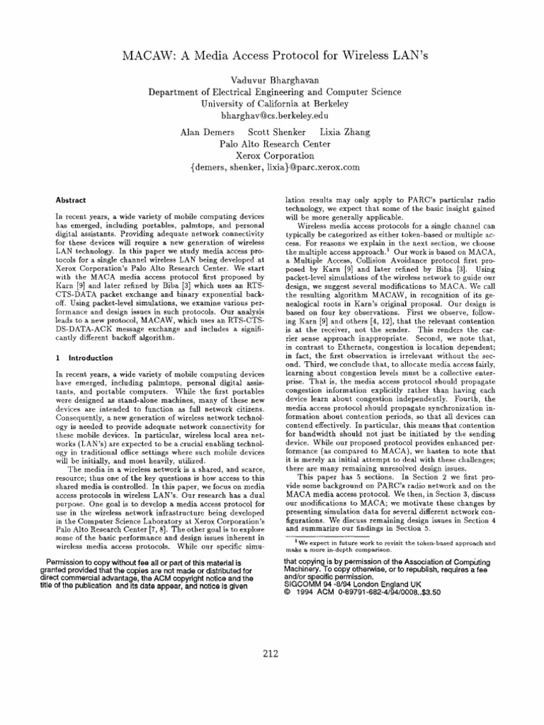 Macaw: A Media Access Protocol For Wireless LAN's | PDF