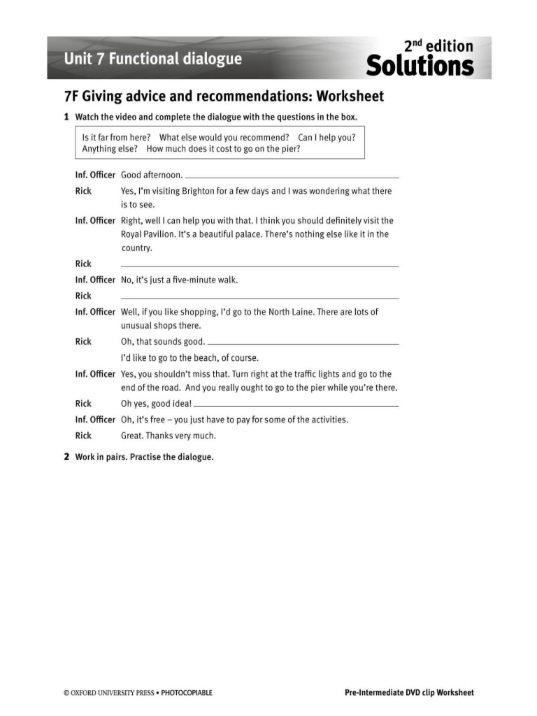 7F. Giving Advice and Recommendations. Worksheet | PDF
