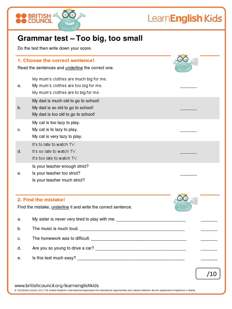 Grammar Practice Too Big Too Small | PDF