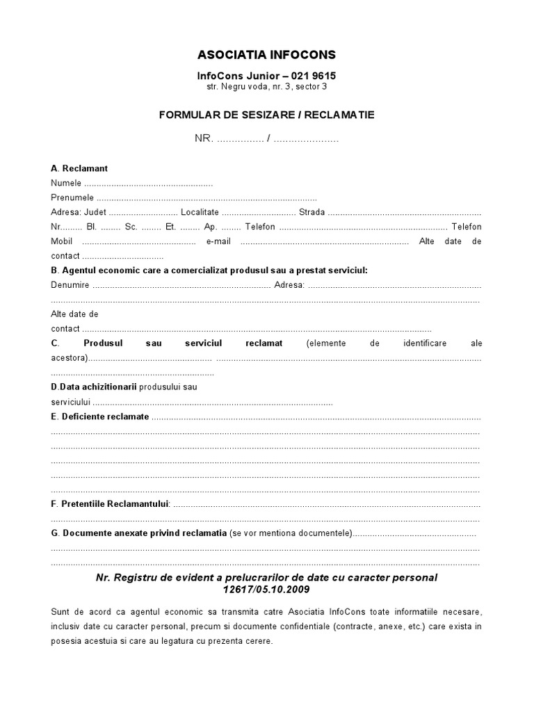 Formular Sesizare Infocons Junior | PDF