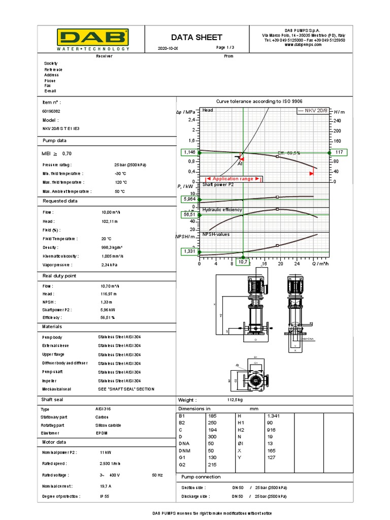 Performance Specifications and Technical Details for DAB Pumps Model ...