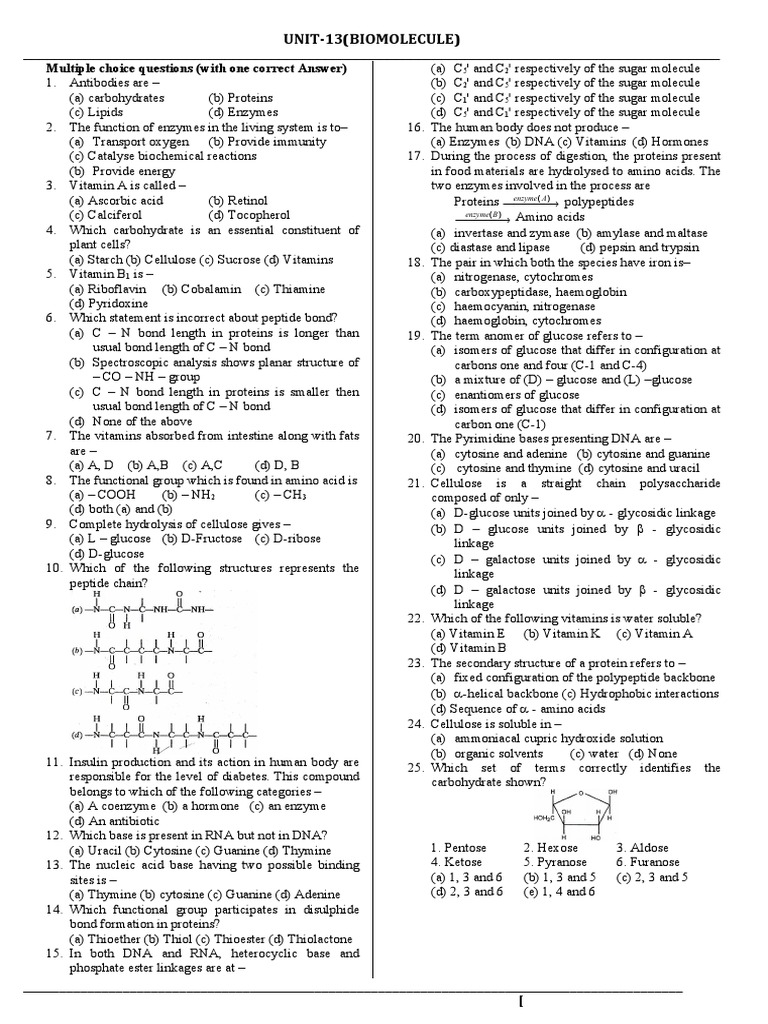 MCQ CHAPTE 13 BIOMOLECULE CBSE Reduced Syllabus PDF Glucose Enzyme