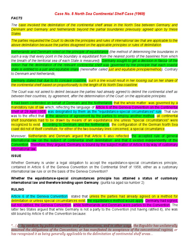 Case No. 8 North Sea Continental Shelf Case (1969) Facts PDF Territorial Waters Treaty