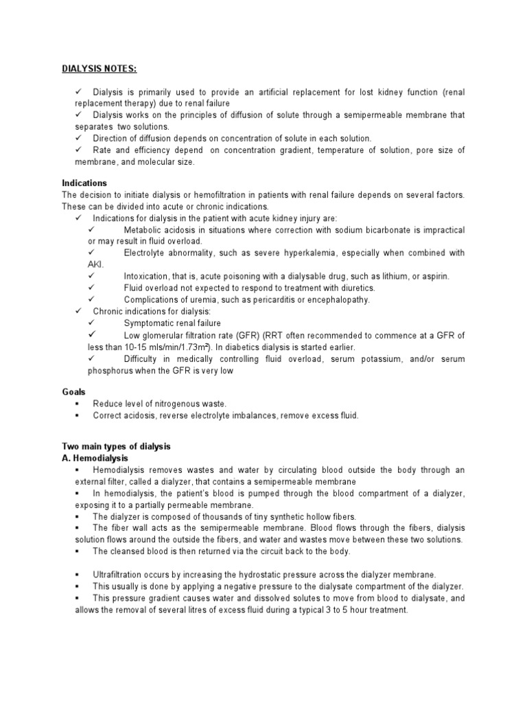 Dialysis Notes 1 Dialysis Medical