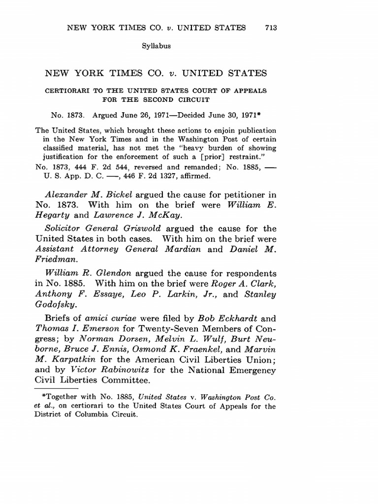 New York Times V US 403 US 713 PDF First Amendment To The United