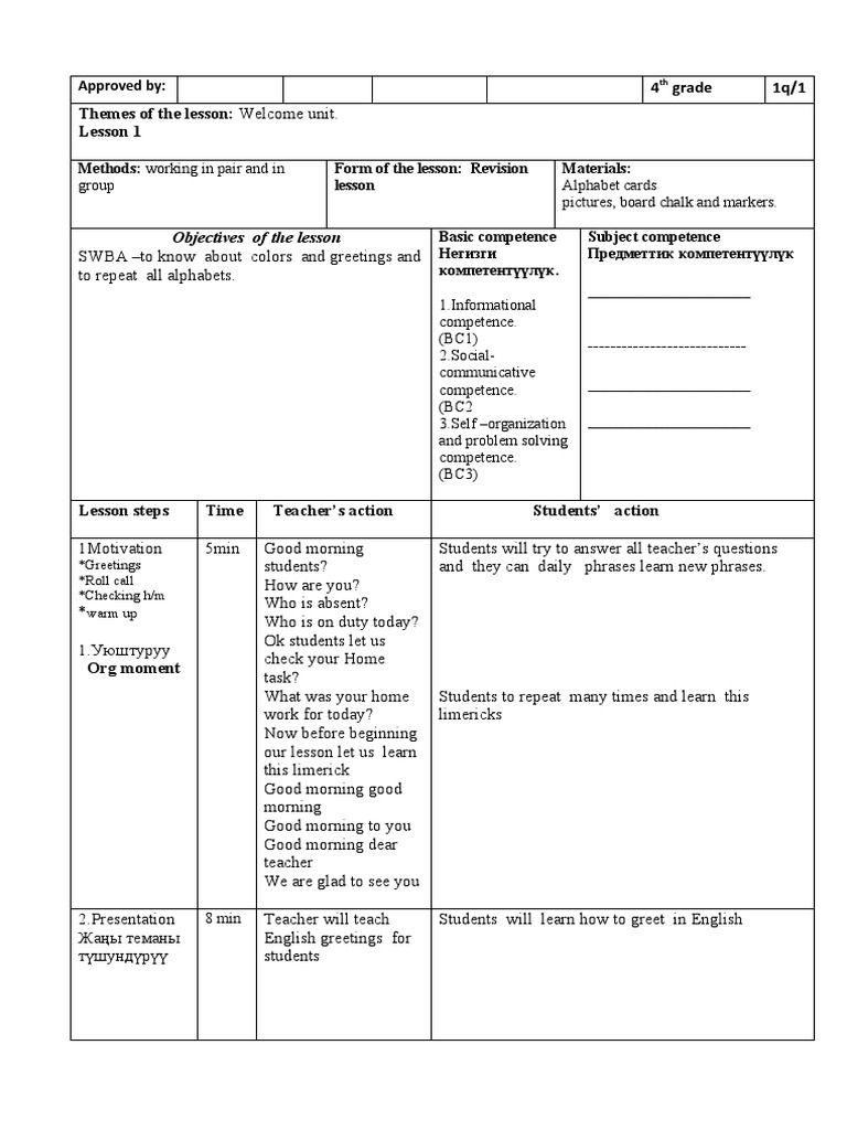 4th Grade English Lesson Plans | PDF | Question | Teachers