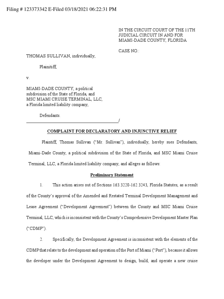 Tom Sullivan Shore Power Lawsuit Against MSC Cruises & Miami-Dade County |  PDF | Lease | Leasehold Estate