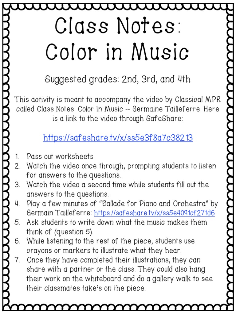 Class Notes Color in Music Suggested Grades 2nd, 3rd, and 4th PDF