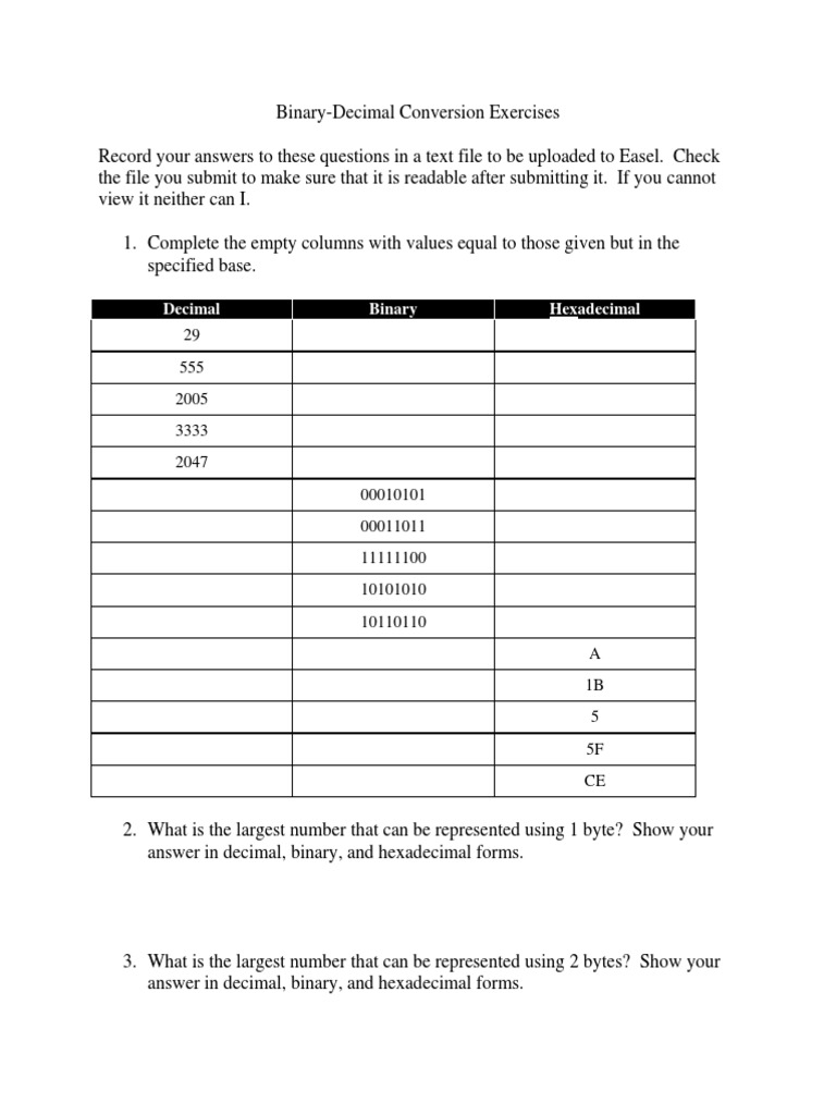 Binary Hex Decimal Worksheet | PDF