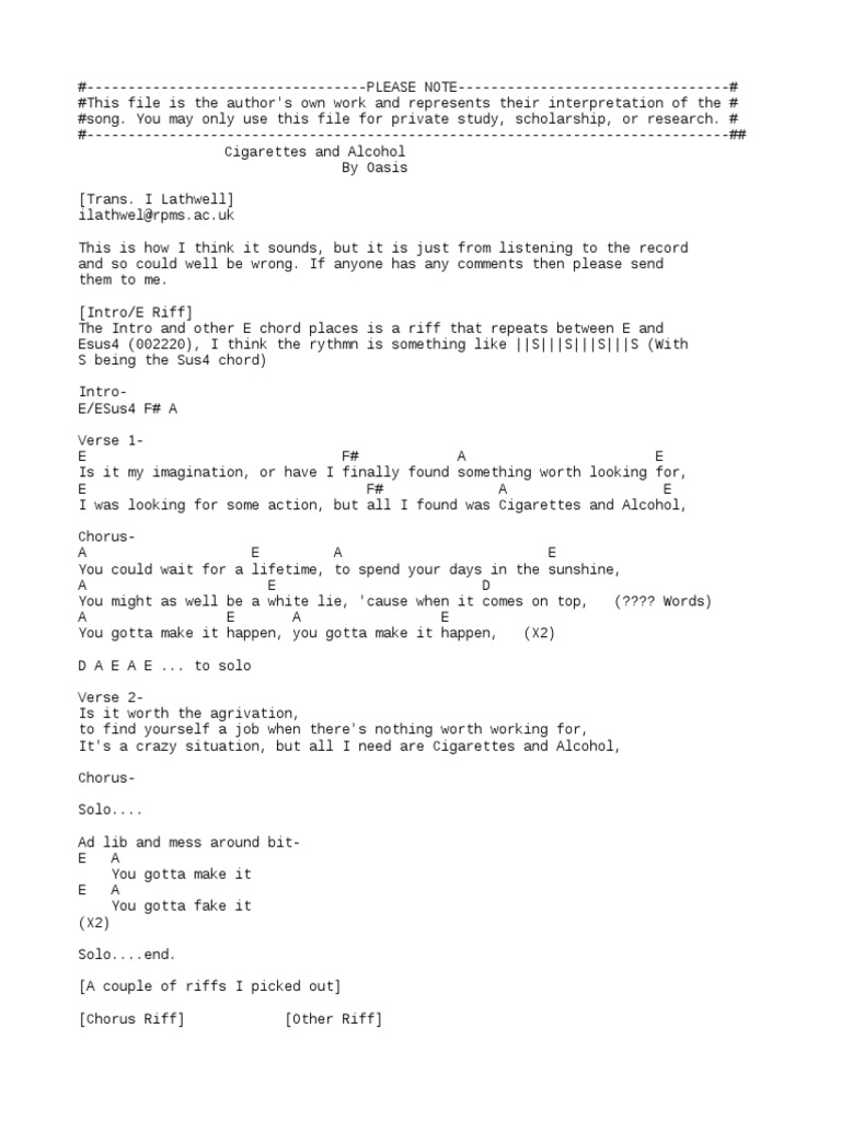 cigarettes and alcohol oasis chords Cigarettes and Alcohol | PDF | Song Structure