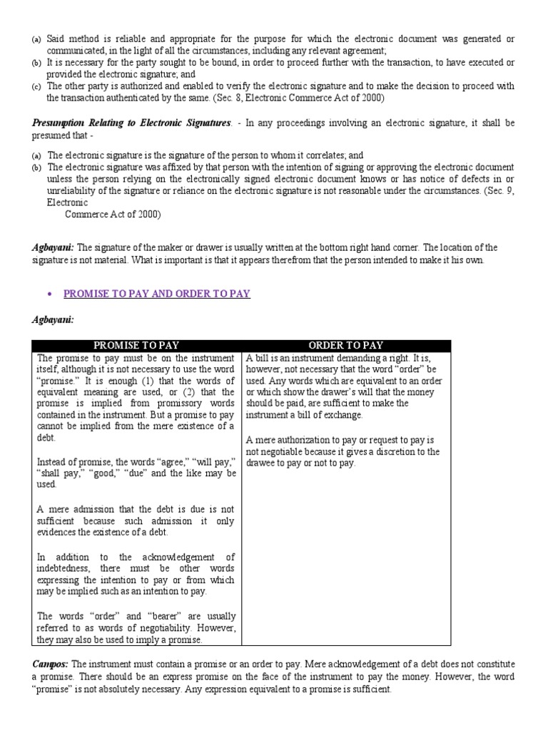 Promise To Pay and Order To Pay PDF Negotiable Instrument