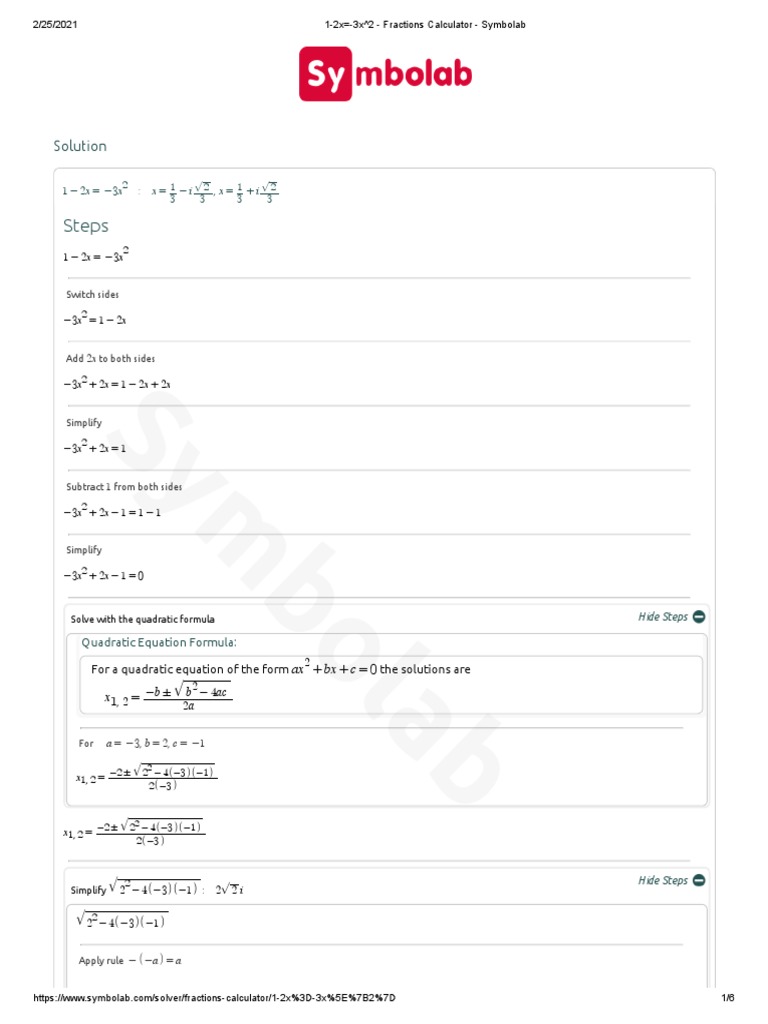1-2X - 3X 2 - Fractions Calculator - Symbolab | Pdf | Square Root | Quadratic Equation