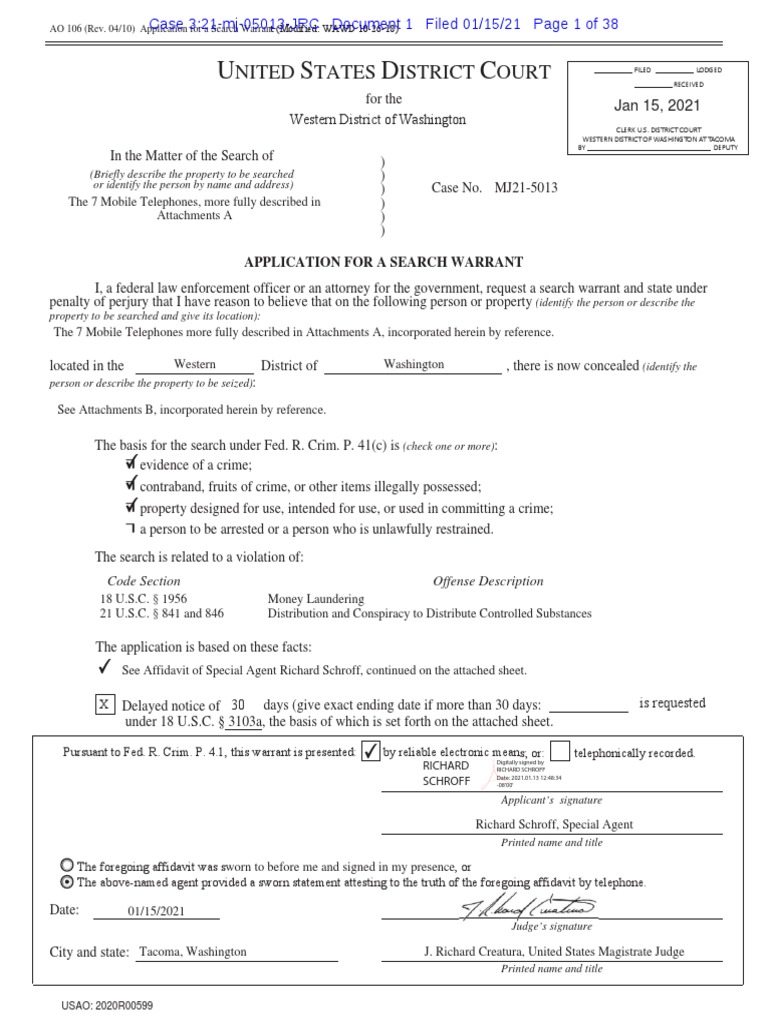 Federal Search Warrant Application | PDF | Probable Cause | Federal ...