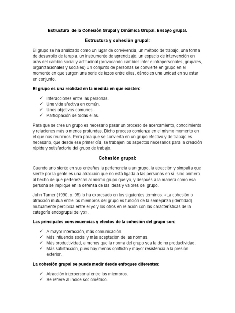 Estructura de La Cohesión Grupal y Dinámica Grupal. Ensayo Grupal ...