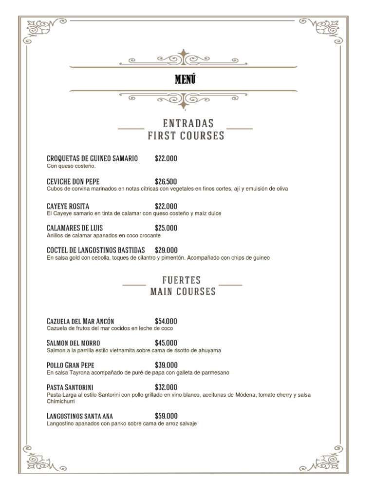 Menú de Delicias Marinas y Postres | PDF | Cocina, comidas y vino