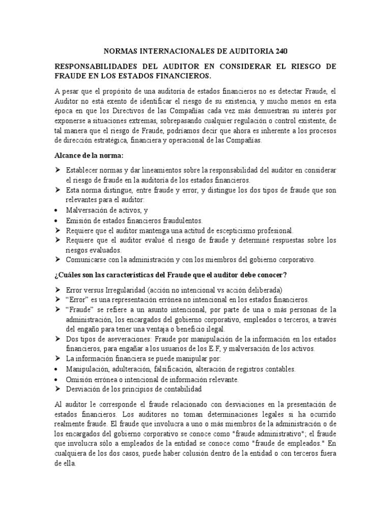 Normas Internacionales de Auditoria 240 | PDF | Auditoría | Contralor