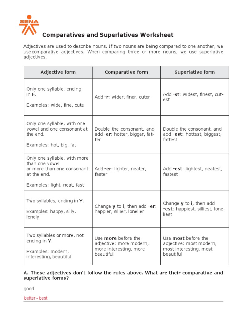 Comparatives and Superlatives Worksheet: Adjective Form Comparative ...
