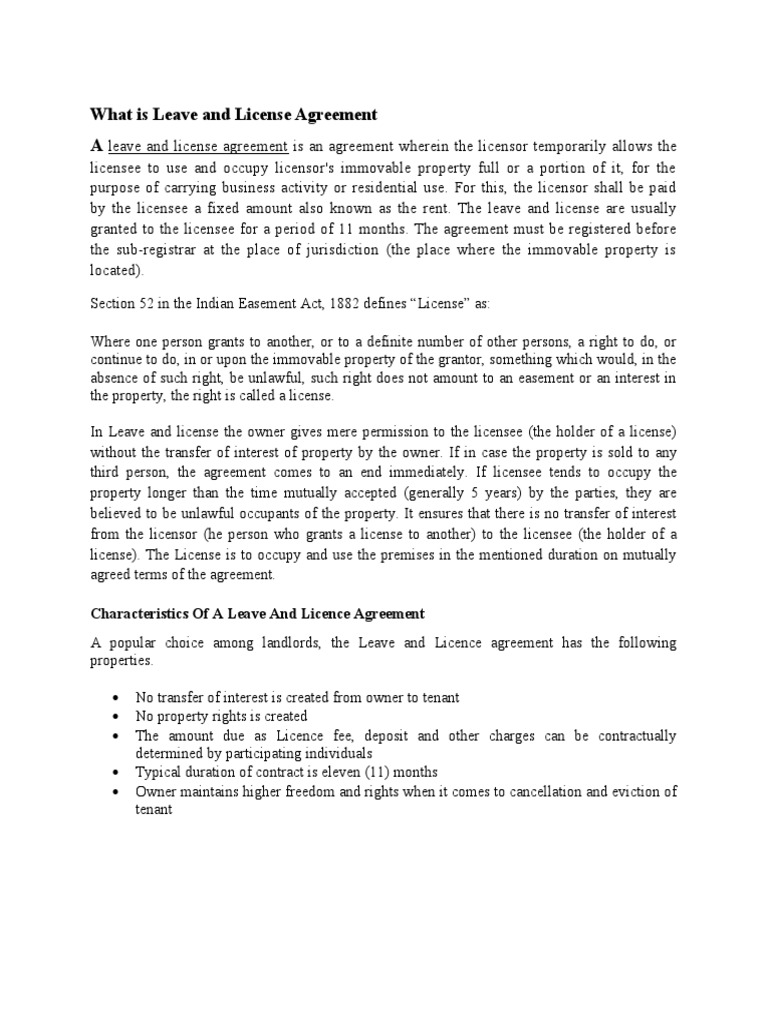 What Is Leave and License Agreement PDF License Landlord