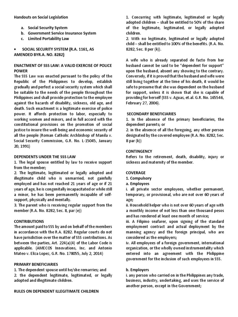 Social Legislation Handouts p.2 | PDF | Pension | Social Security ...