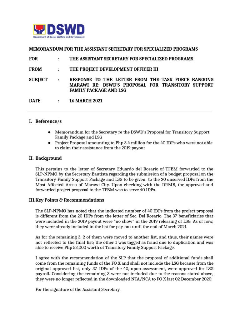 DSWD Proposal for IDP Support Package | PDF | Internally Displaced ...