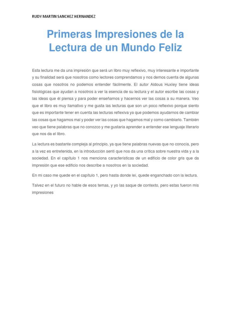 1primeras Impresiones de La Lectura de Un Mundo Feliz | PDF