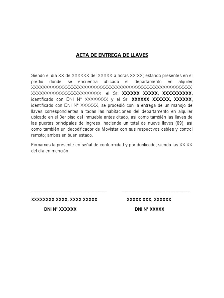 Acta de Entrega de Llaves de Inmueble | PDF | Derecho | Hogar