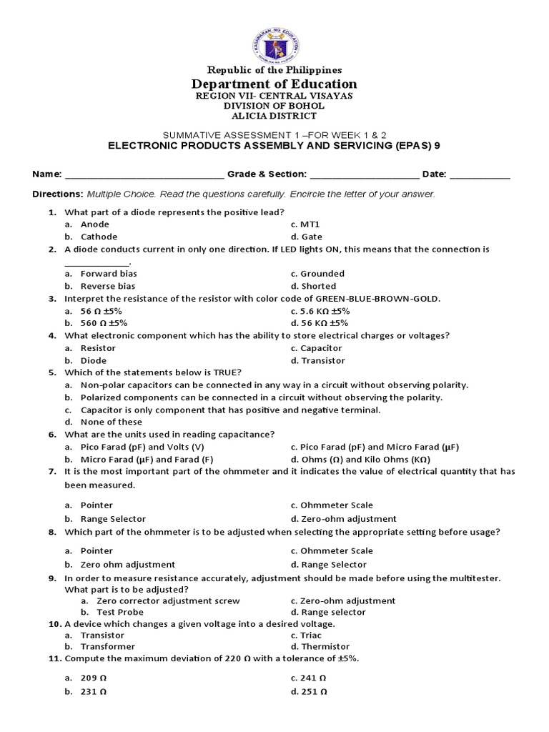 EPAS Grade 9 Summative Assessment 1 | PDF | Capacitor | Resistor