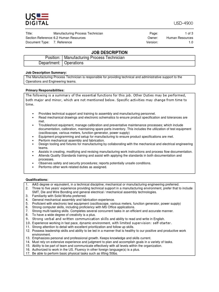Job Description Manufacturing Process Technician PDF Calibration