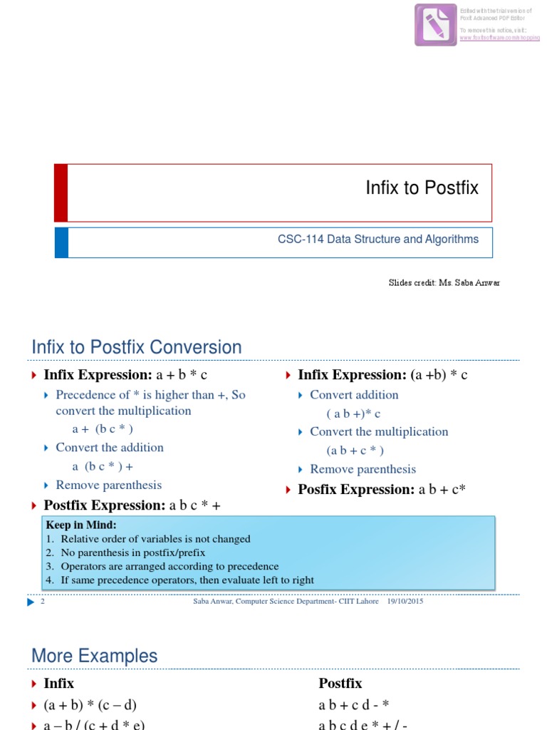 Infix To Postfix: CSC-114 Data Structure and Algorithms | PDF ...