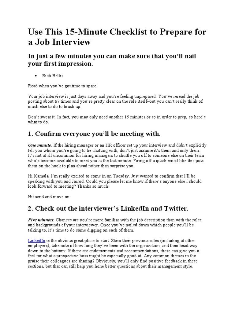 Use This 15-Minute Checklist To Prepare For A Job Interview | PDF ...