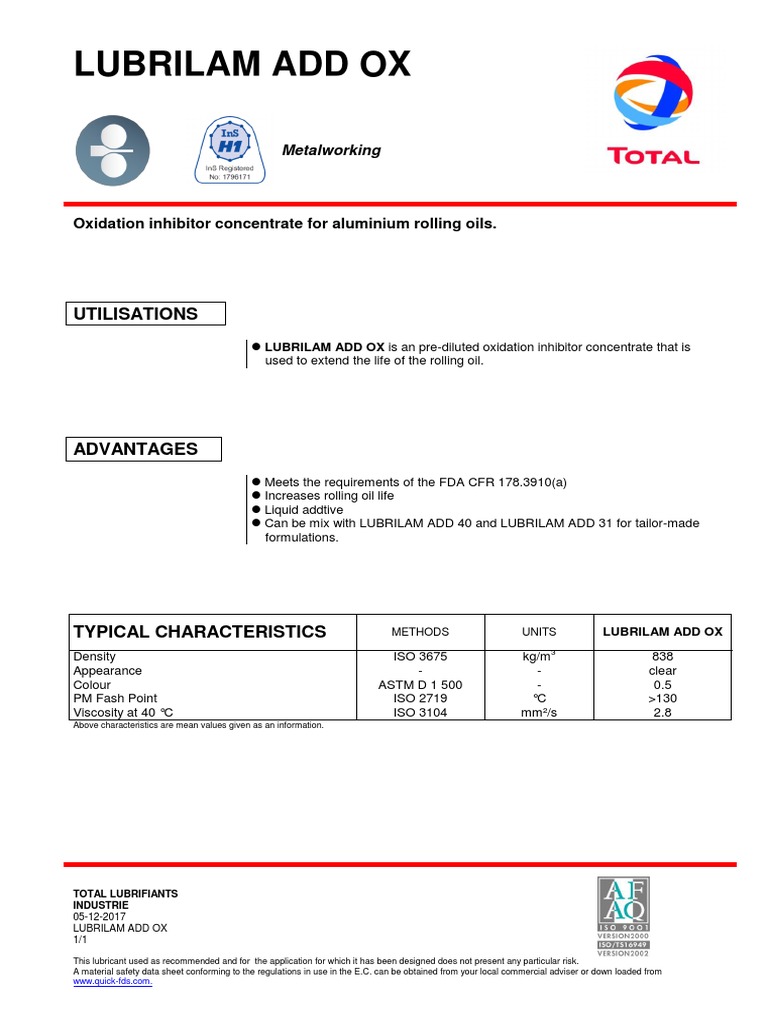 TDS - Total - Lubrilam Add Ox - GP5 - 201712 - en | PDF
