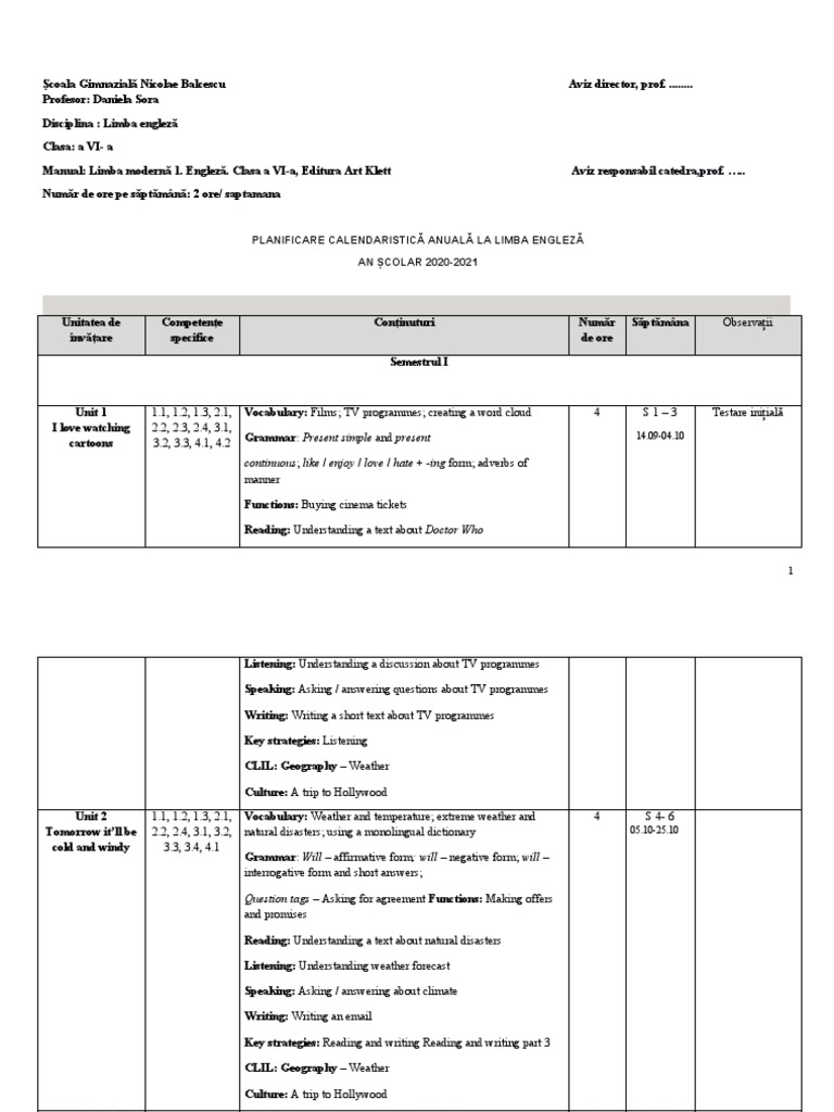 Planificare Cal A 6a Editura Art Klett PDF Adjective Vocabulary