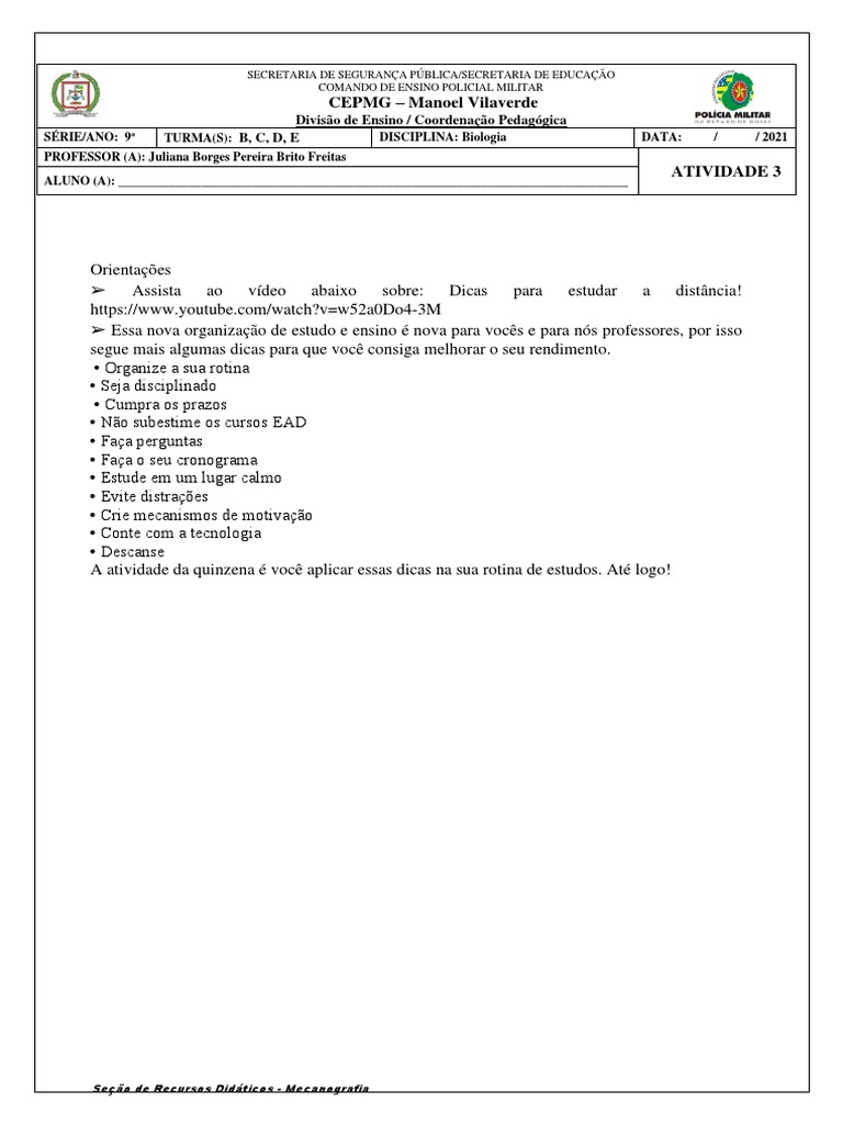 Estudo Orientado 9 Ano Atividade 3 | PDF
