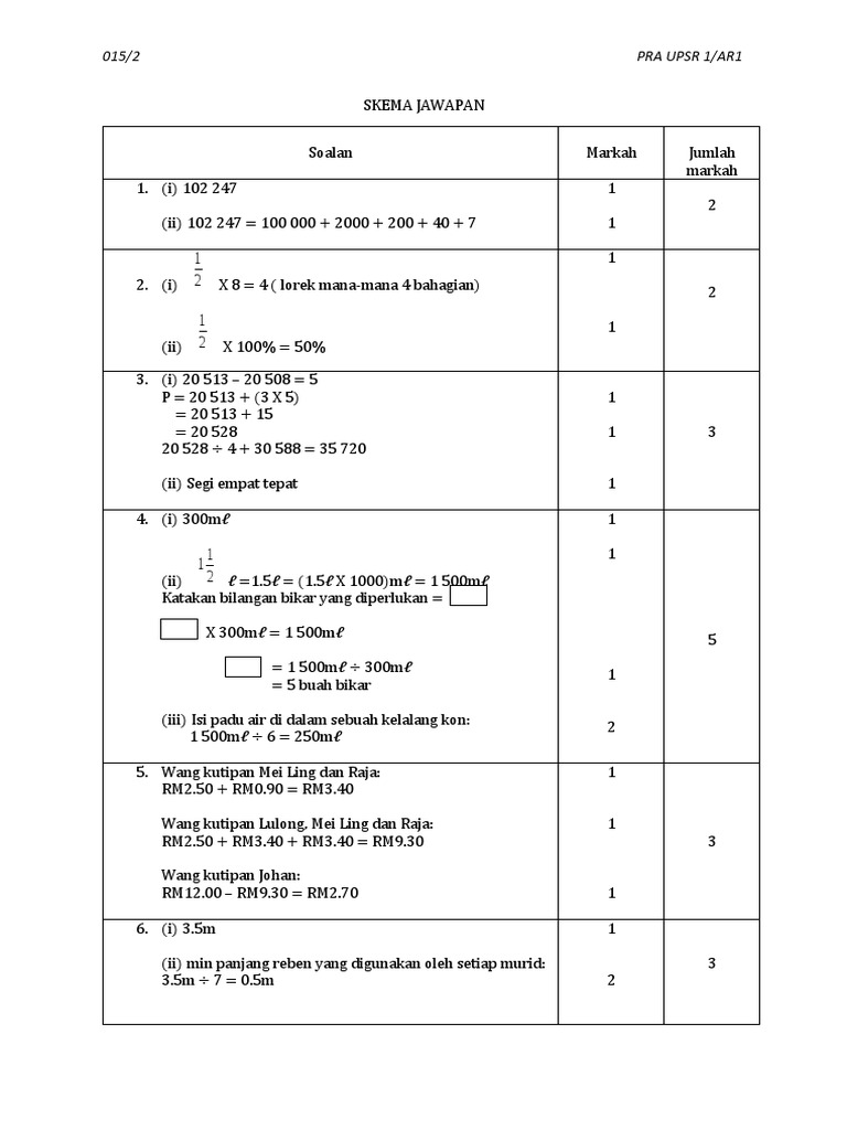 Upsr 2017 Matematik Jawapan