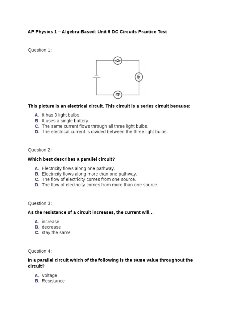 AP Physics 1 Unit 9 DC Circuits Test | PDF | Electrical Resistance And ...