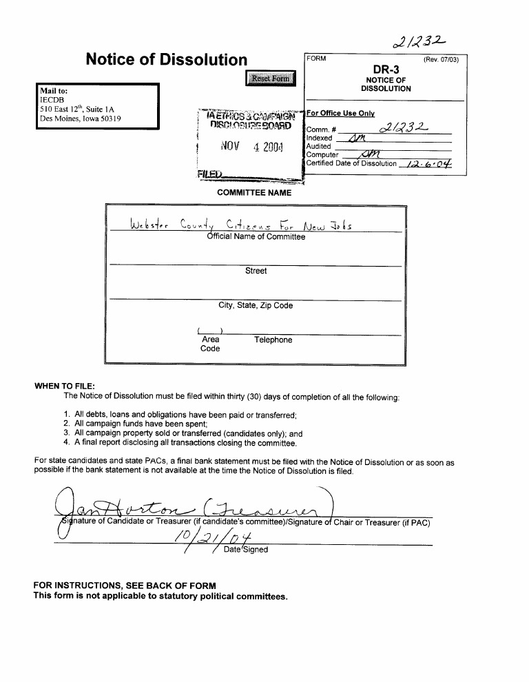Notice of Committee Dissolution Form | PDF